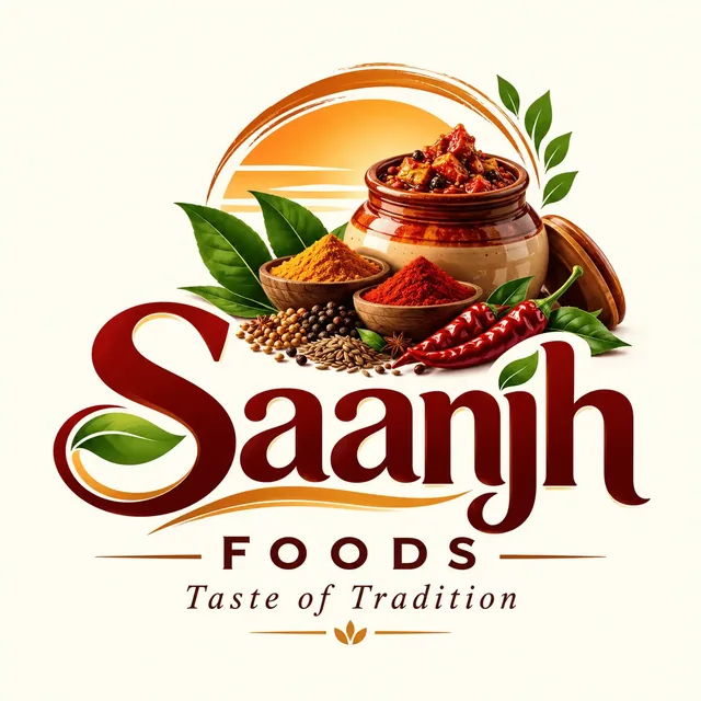 Saanjh Foods desi achaar logo with clay pot, spices and red chillies